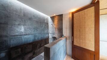 Shower, rainfall showerhead, hair dryer, towels