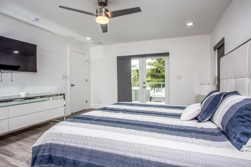 A modern bedroom with a large bed, a ceiling fan, a TV, and a sliding glass door to a balcony.