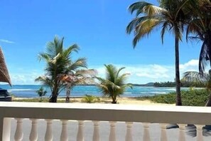 Ein Balkon mit Blick auf das Meer und Palmen.