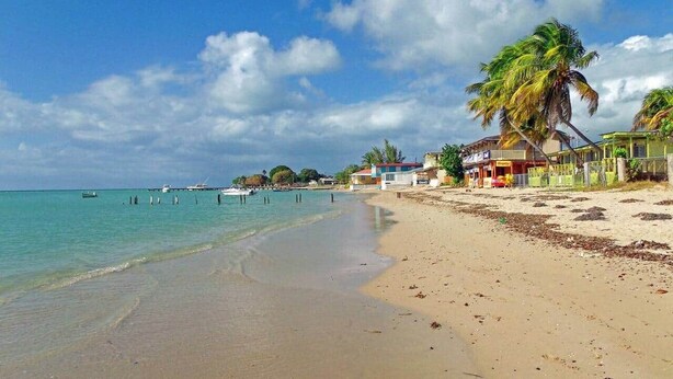 Une plage avec une eau turquoise et limpide, un rivage sablonneux et quelques bâtiments en arrière-plan.