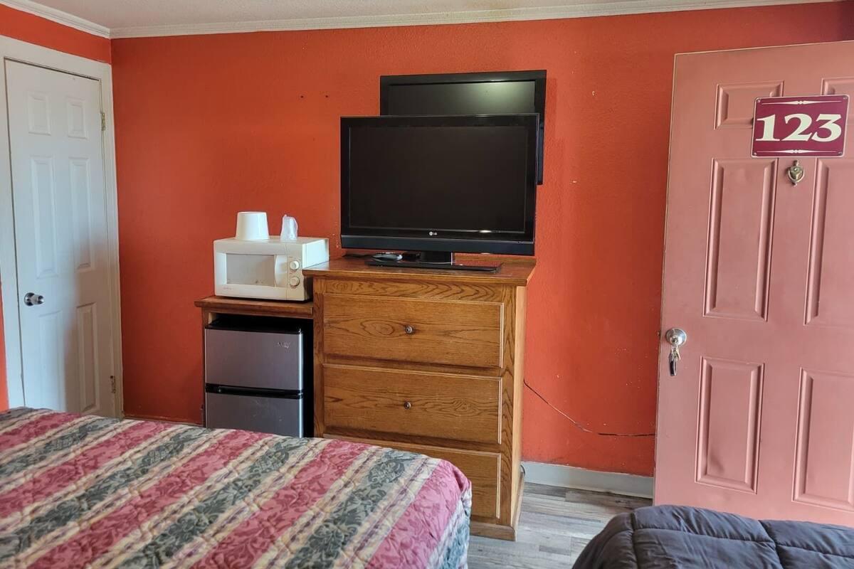 Un dormitorio con cama, cómoda, televisión, microondas y refrigerador.