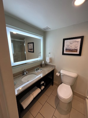 Suite, 2 camas de matrimonio, no fumadores, cocina básica | Baño | Ducha, artículos de higiene personal gratuitos y secador de pelo