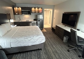 Quarto standard, 1 cama King, para não fumantes, cozinha americana | Cozinha americana privada | Geladeira grande, micro-ondas, cooktop, lava-louças