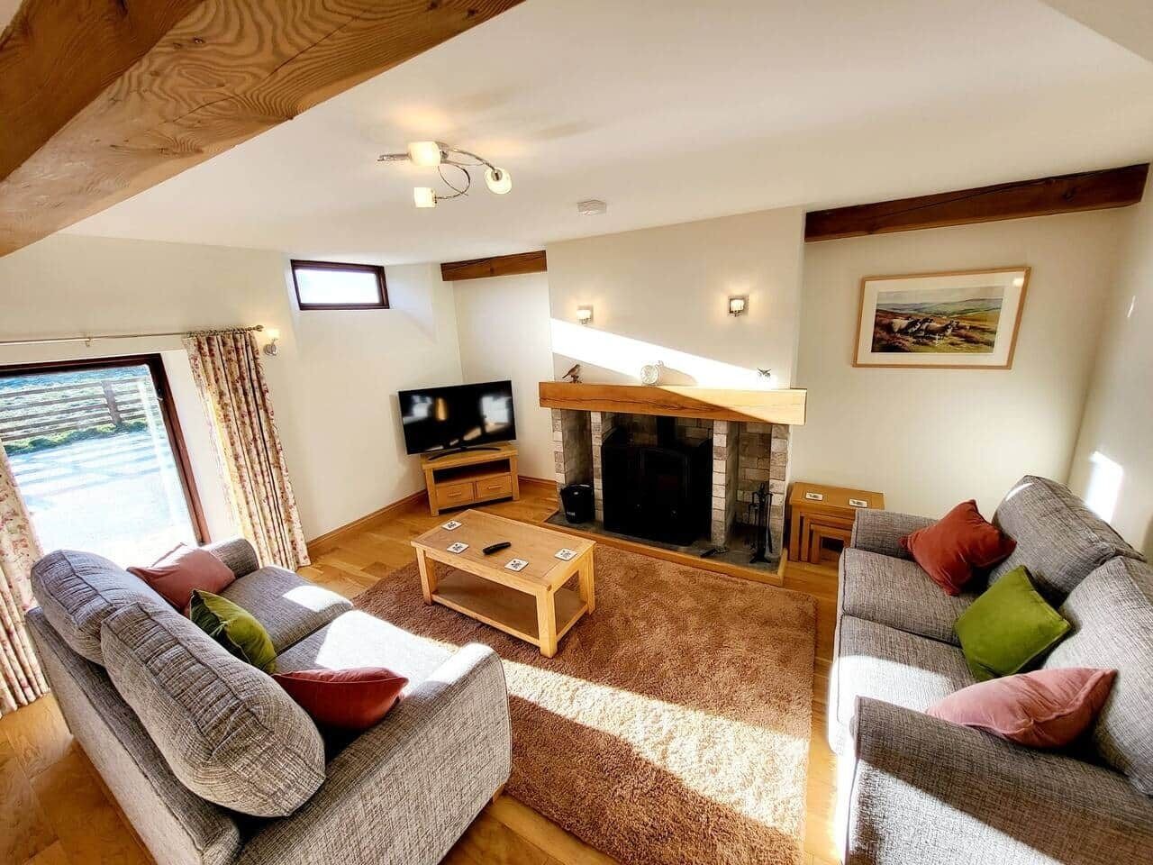 Ein Wohnzimmer mit Sofas, Kamin, Fernseher und Fenster.