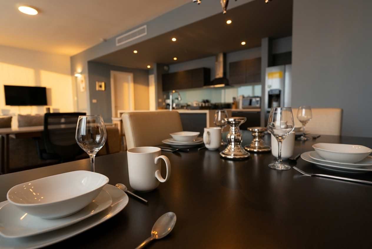A dining table set with white dinnerware and glasses, a TV in the background, and a modern kitchen in the adjoining room.