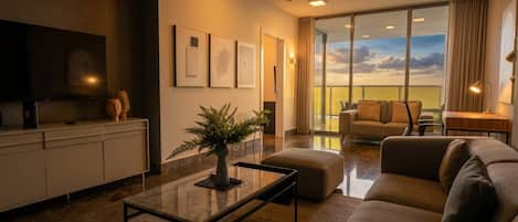 Una sala de estar moderna con un sofá, una mesa de centro y una televisión. Hay un ventanal con vistas al cielo.
