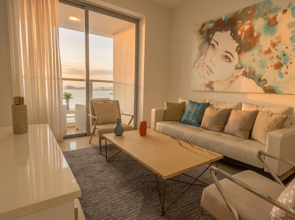 A modern living room with a sofa, a coffee table, and a chair. There is a large window with curtains, and a painting on the wall.