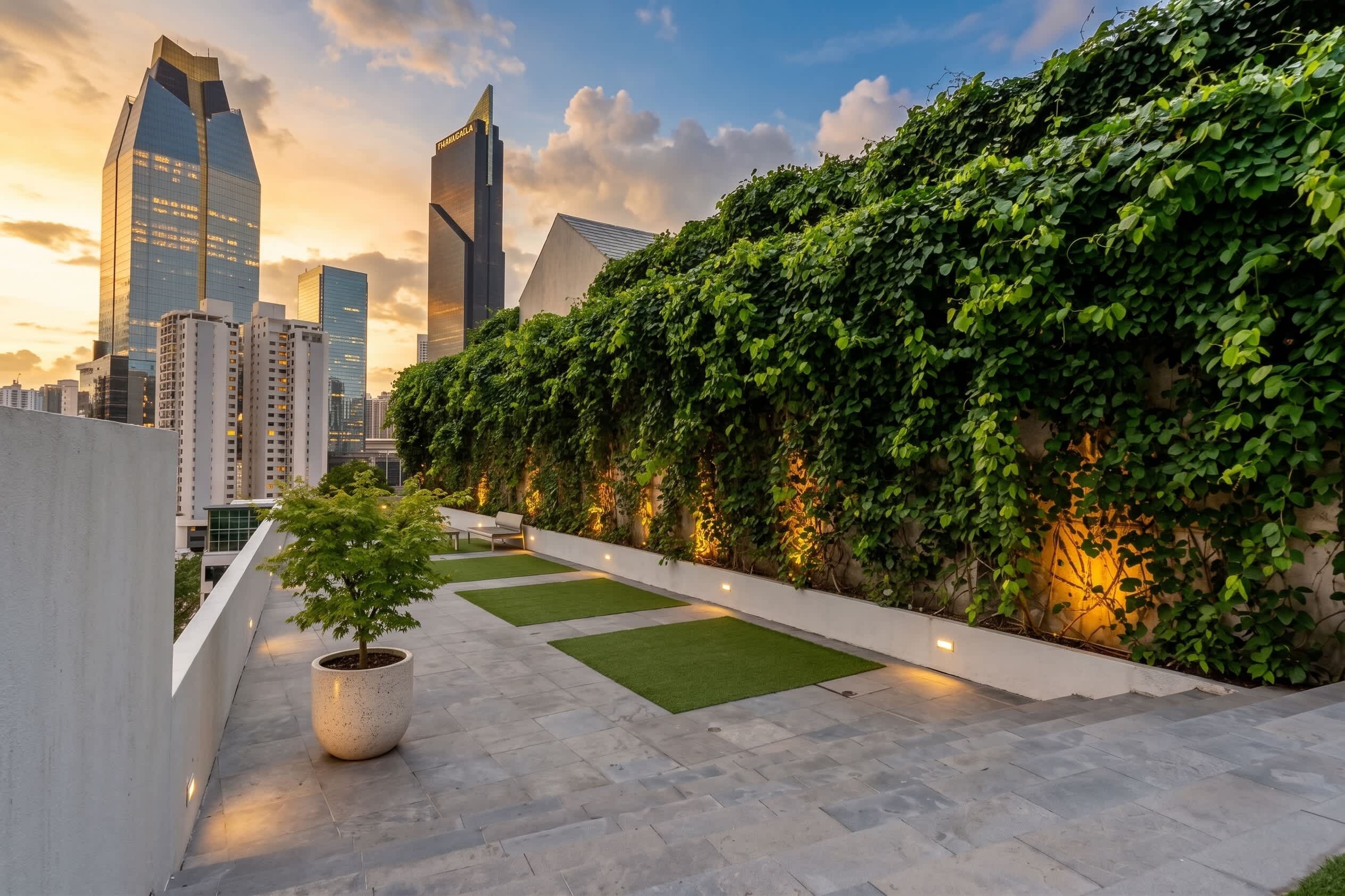 A rooftop garden with a potted tree, a bench, and a pathway leading to a cityscape with modern skyscrapers.