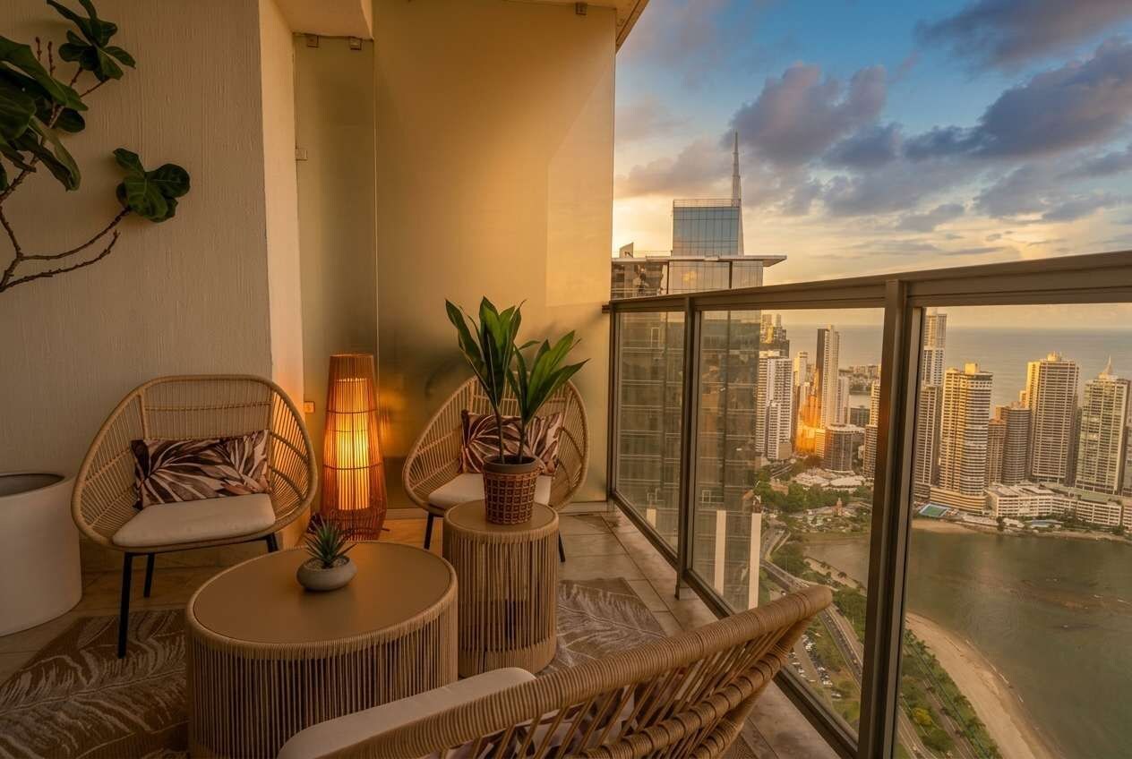 A balcony with wicker furniture, a table, and a potted plant.