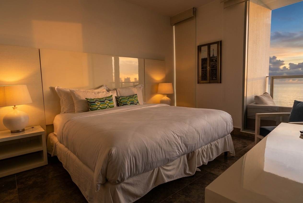 A hotel room with a large bed, bedside lamps, a view of the sea, and a cityscape.