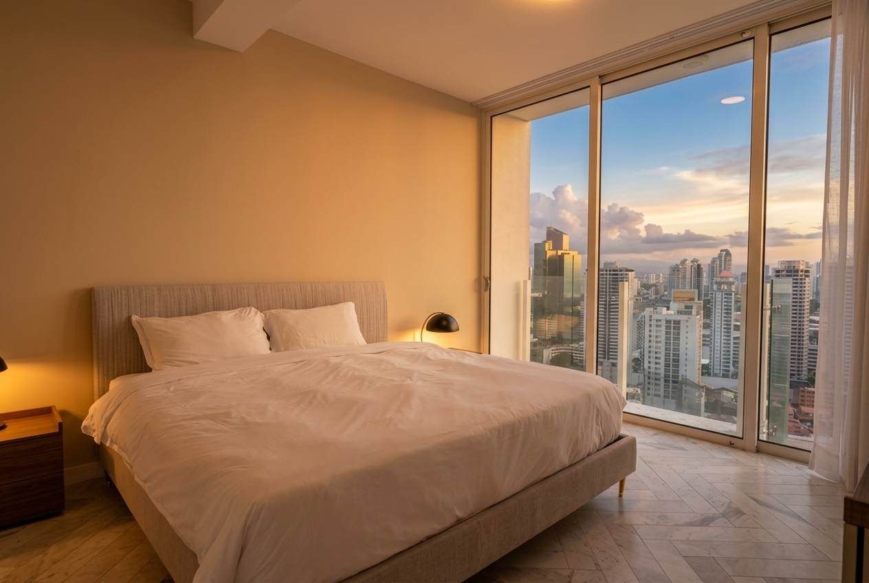 Une chambre dotée d’un grand lit, d’une table de chevet, d’une lampe et offrant une vue sur la ville grâce à de grandes fenêtres du sol au plafond.