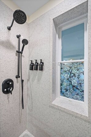 Shower, towels, soap, shampoo