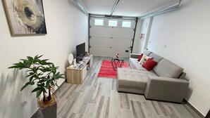 Un salon moderne avec un canapé gris, un tapis rouge et une plante.
