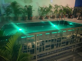 Zona de piscina con plantas en macetas y barandilla de vidrio.