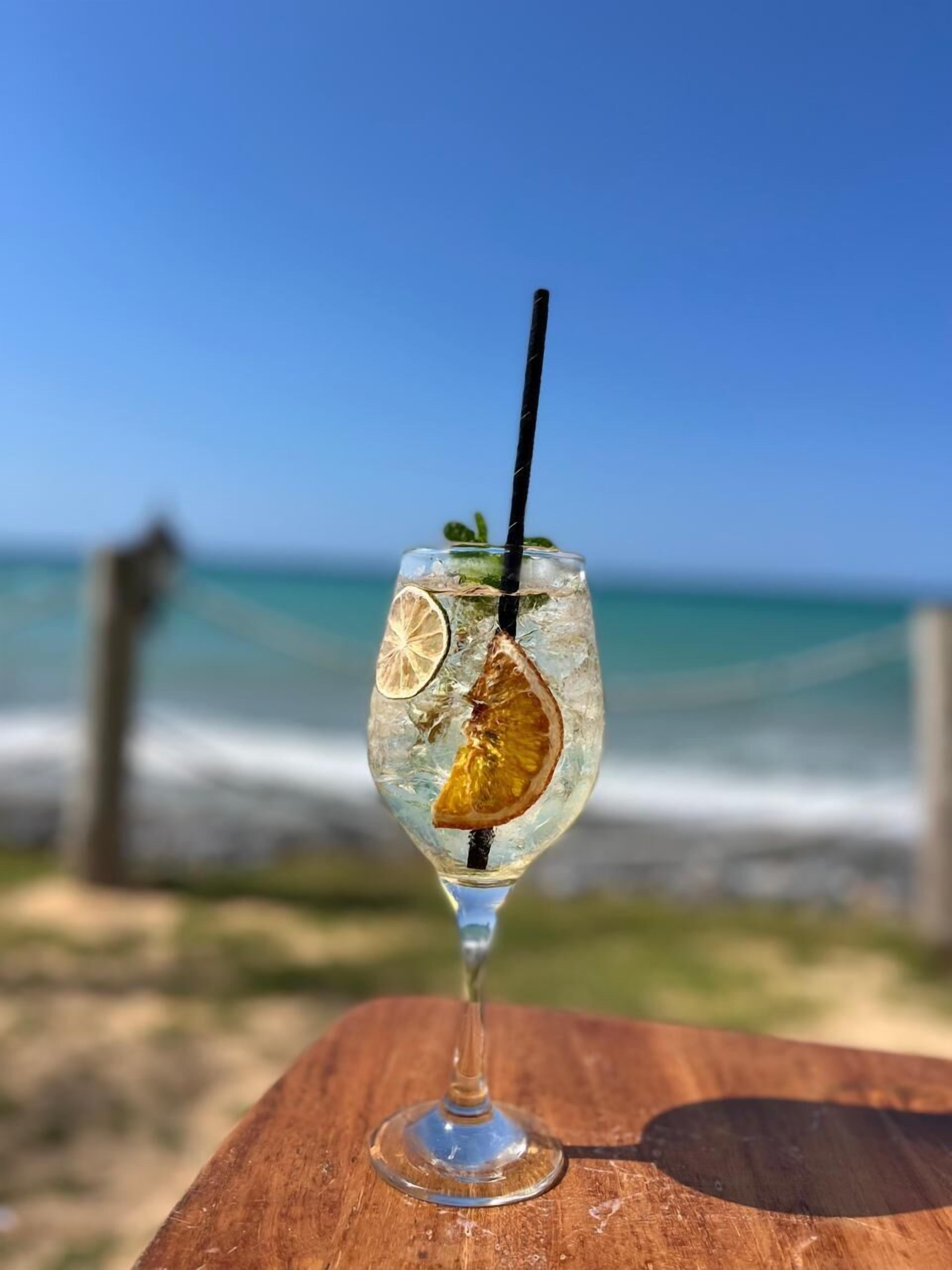 Un bicchiere con una cannuccia e fette di agrumi su un tavolo di legno, con una spiaggia e l'oceano sullo sfondo.