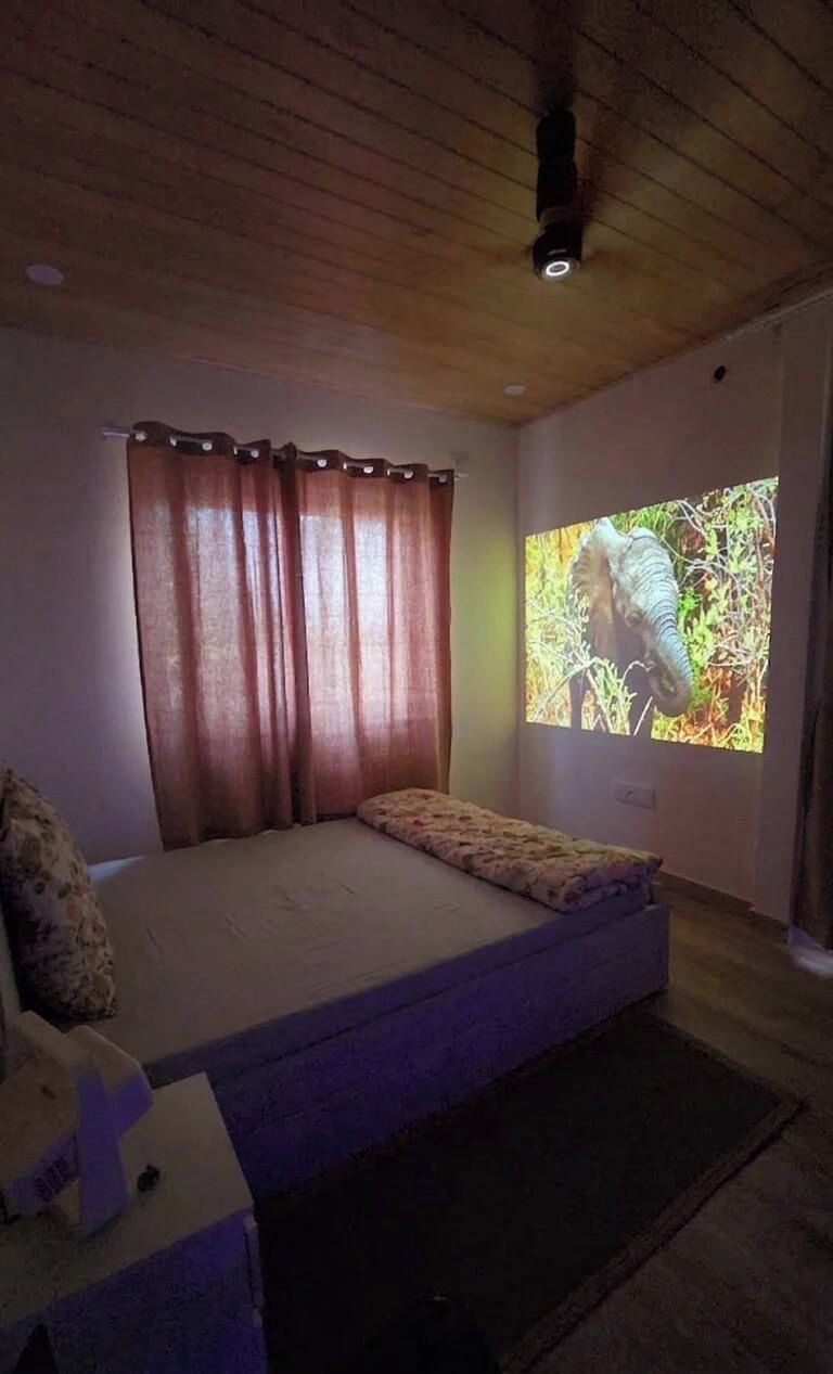 A room with a bed, a projector screen displaying an image, and a ceiling light.
