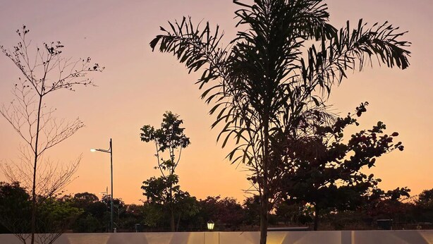A pool with a geometric wall design and a tree in the foreground. - Rewind by Nestora Homes (Private luxury cottage) (Byranahosahalli)