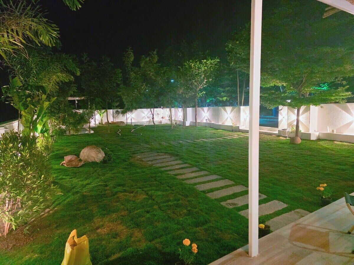 Ein gepflegter Gartenbereich mit einem Steinweg, saftigem Grün und einigen Blumentöpfen.