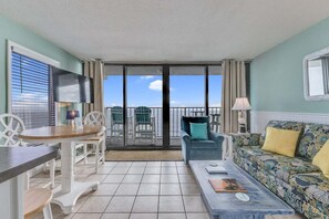 TV - Enjoy oceanfront views at 0701 The Green Starfish, a cozy 1-bedroom retreat in Carolina Beach. (Carolina Beach)
