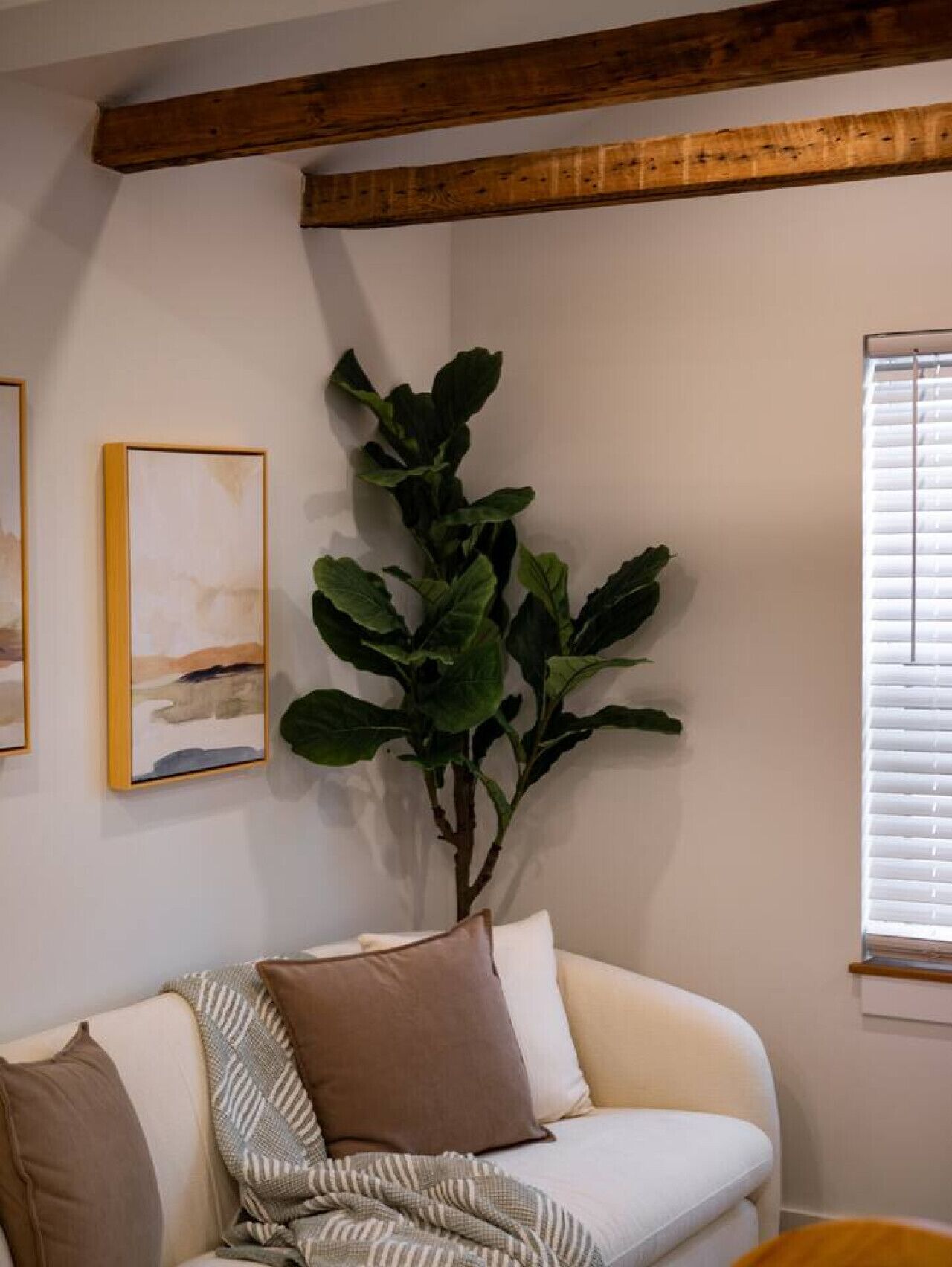 Una sala de estar con un sofá blanco, una planta verde grande y un cuadro en la pared.