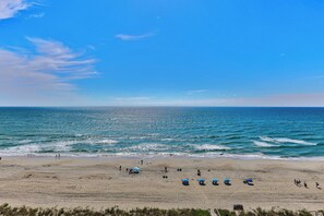 A beach with people, umbrellas, and a clear sky. - Oceanfront charm at 1008 Blue Dolphin, a cozy 1-bedroom in Carolina Beach. (Carolina Beach)
