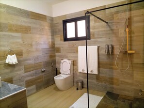 Chambre de base double, vue sur la ville | Salle de bain | Douche, articles de toilette (gratuits), séchoir à cheveux