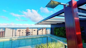 Une piscine sur le toit offrant une vue dégagée sur les gratte-ciel de la ville, une architecture moderne et une balustrade en verre.