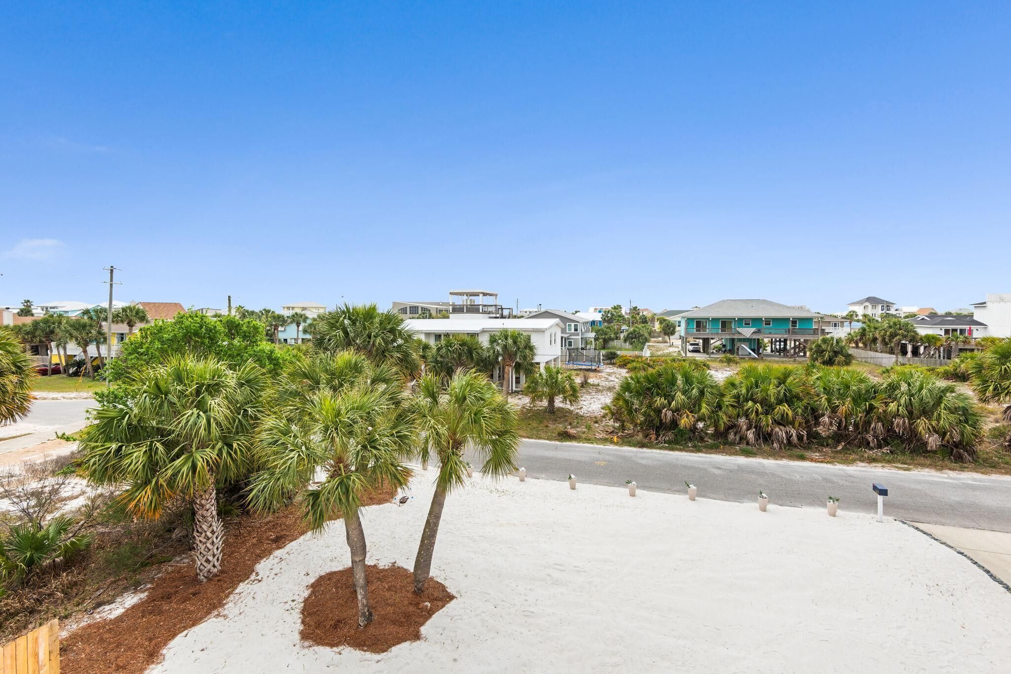 A coastal residential area with palm trees, a road, and houses.