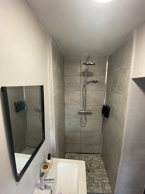 Shower, hair dryer, towels, soap
