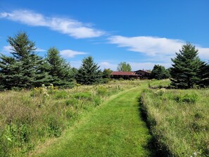 A rural landscape with a house, a clear sky, and a grassy path.