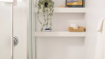 A bathroom with a glass shower enclosure, a toilet, a bidet, and a shelf with a plant and toiletries.