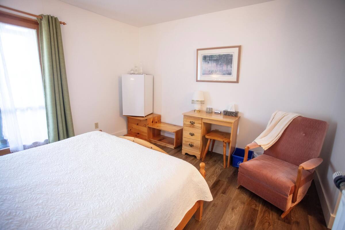 A hotel room with a bed, a desk, a chair, a radiator, and a window with curtains.