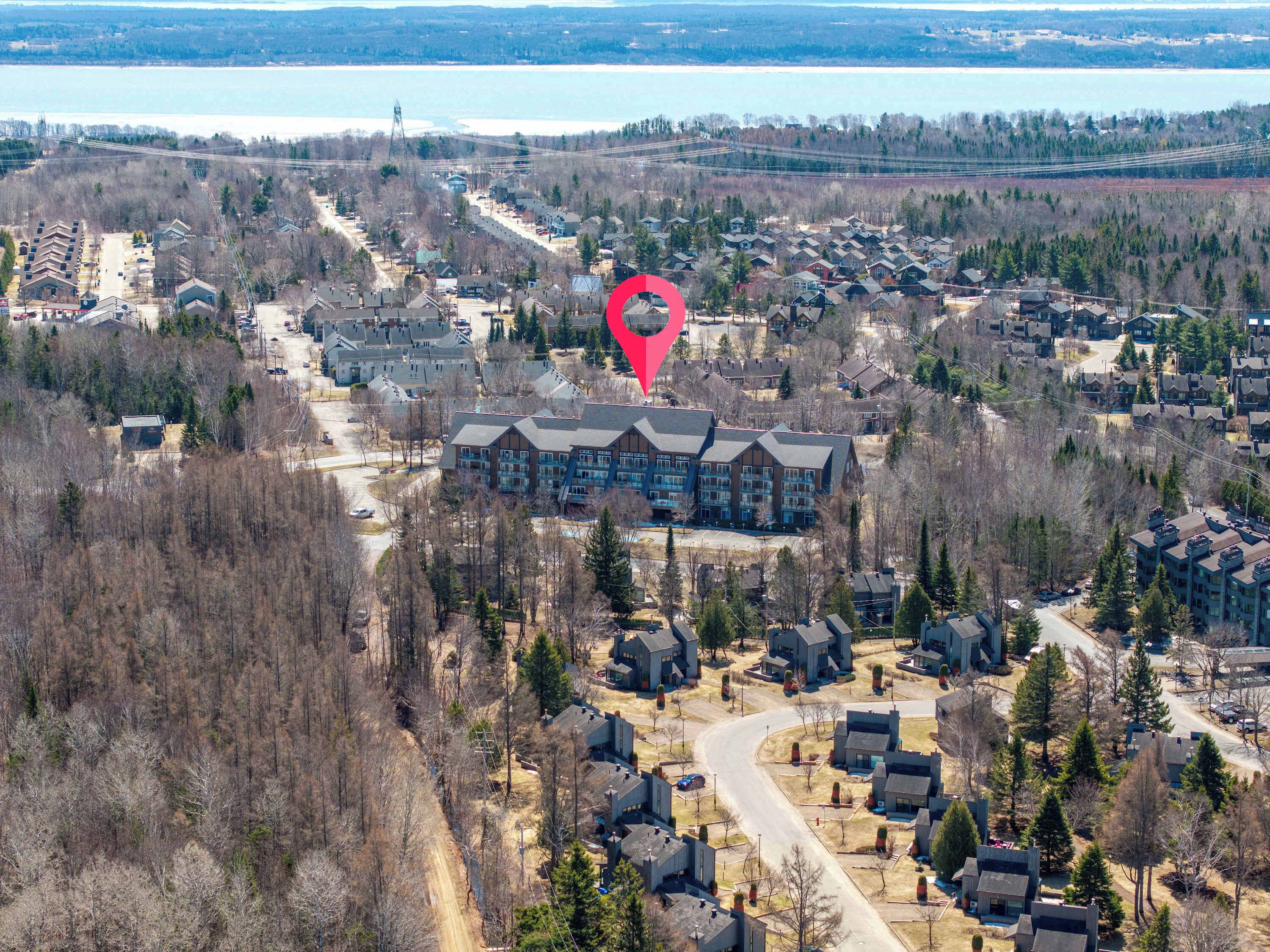 An aerial view of a residential area with a large building complex, surrounded by trees and a body of water in the background.