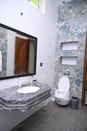 Shower, towels, soap, toilet paper