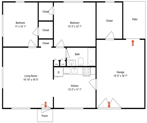 Pianta degli interni che mostra una camera da letto, un soggiorno, una cucina, un bagno, un portico, un armadio e un patio.