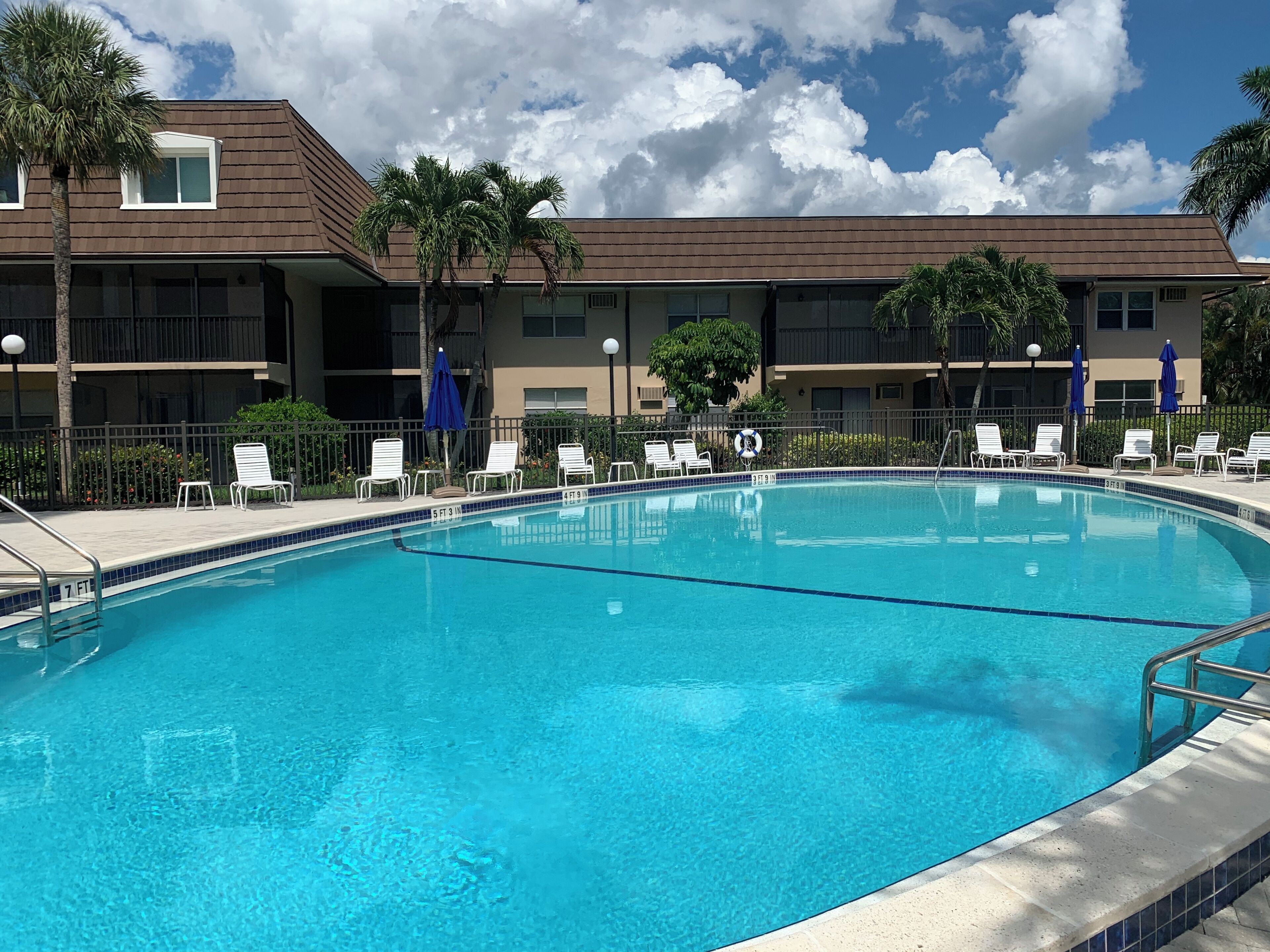 A swimming pool with lounge chairs and umbrellas, surrounded by a building with balconies and palm trees.
