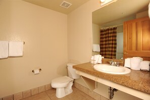 Une salle de bain avec des toilettes, un lavabo et un miroir. Il y a des serviettes accrochées au mur et un rideau de douche.