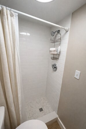 Shower, towels, soap, toilet paper