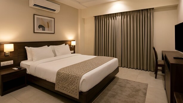 A hotel room with a large bed, bedside lamps, a flat-screen TV, a desk with a chair, and a window with curtains. - Barak Glow Stay (Silchar)
