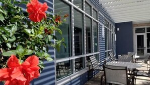 An outdoor seating area with tables and chairs, a potted plant with red flowers, and a building with large windows. - 1BR Two-Queen Suite + Sofa Bed in St. Pete (St. Petersburg)