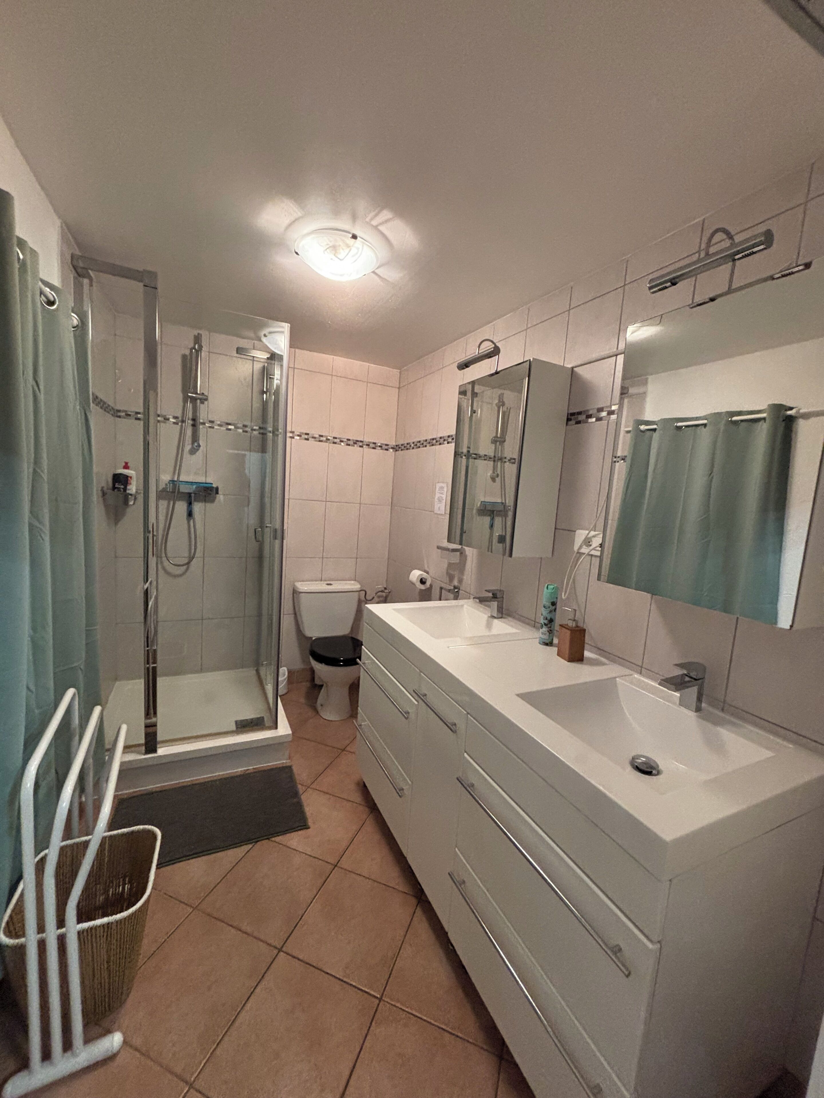 Shower, towels, soap, toilet paper