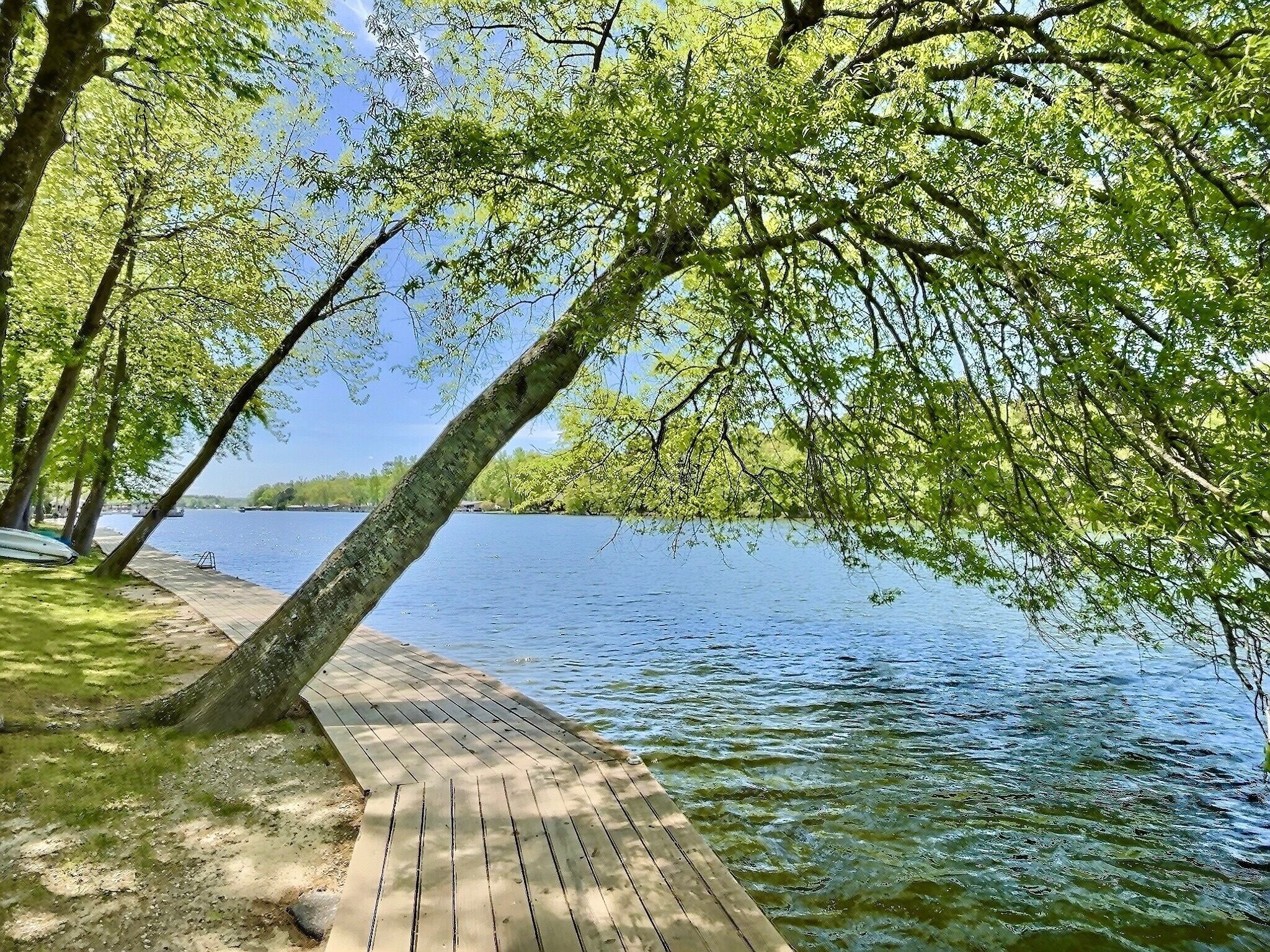 A wooden dock extending into a calm lake, surrounded by trees.