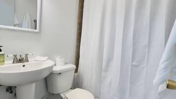 A bathroom with a white sink, toilet, and shower curtain.