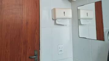 Hair dryer, towels, soap, toilet paper