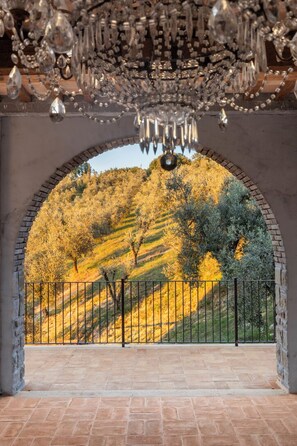 A balcony with a view of a hilly landscape, a wrought iron fence, and a decorative chandelier.