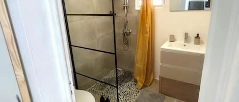 Shower, hair dryer, towels, soap