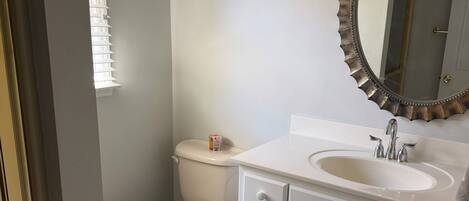 Hair dryer, towels, soap, toilet paper