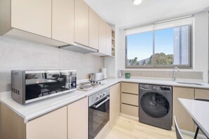 Fridge, microwave, stovetop, toaster