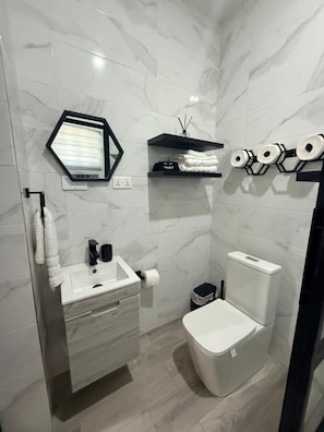 Shower, hair dryer, towels, soap - Nhyira Villas: Beautiful Brand New 2-Bedroom/ 2.5 Bath Apartment in Adenta w/ AC (Adenta)