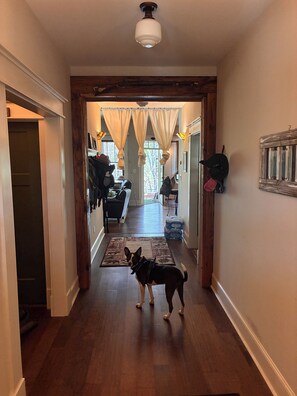 A hallway with a wooden floor, a dog, and a door leading to another room. - 3-BR Craftsman house on the Ocoee River - Large Backyard to relax with puppies! (Benton)